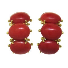 1980s Red Coral Gold Half Hoop Earrings