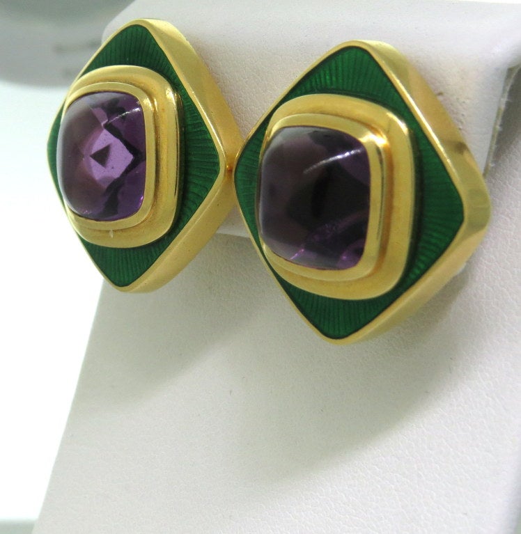 Leo De Vroomen London Gold Amethyst Enamel Earrings
