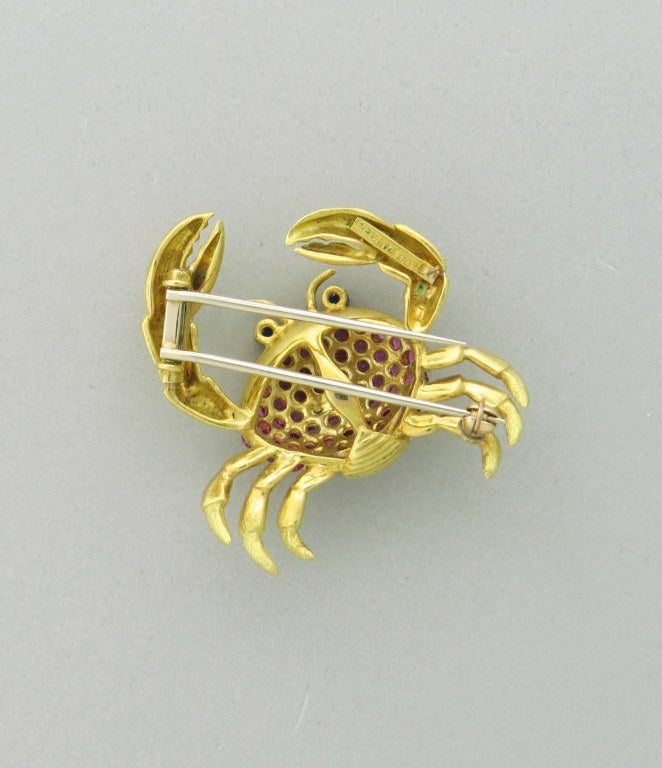 Tiffany & Co 18k yellow gold crab brooch with rubies and sapphires. Brooch is 36mm x 35mm. marked - Tiffany & co,18k. weight - 16.3g