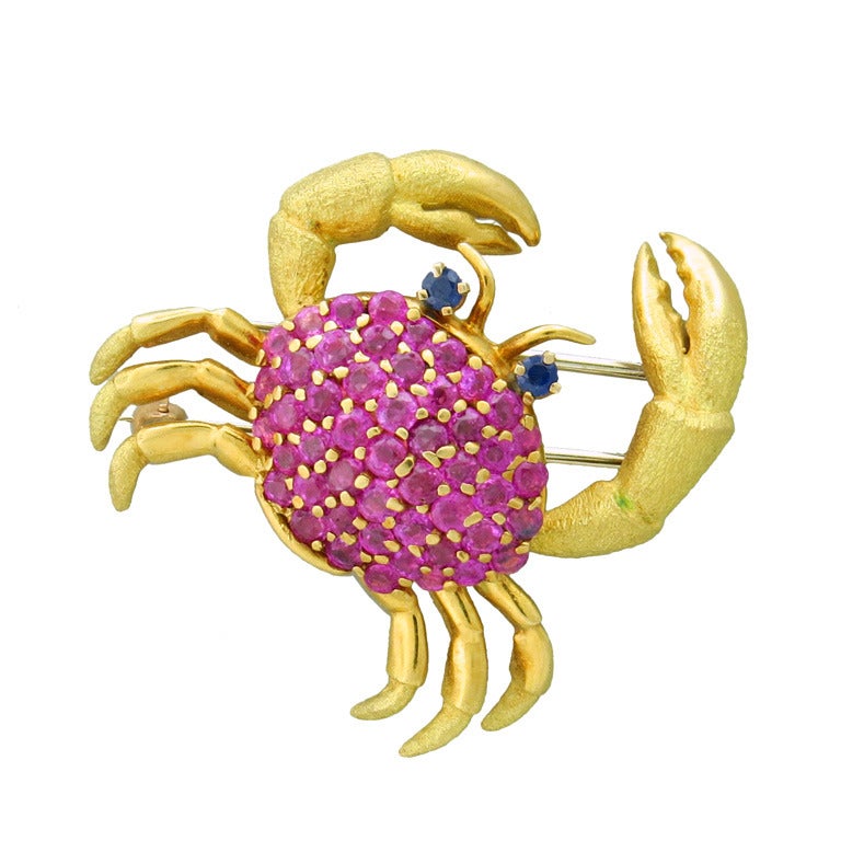Tiffany & Co Gold Ruby Sapphire Crab Brooch Pin