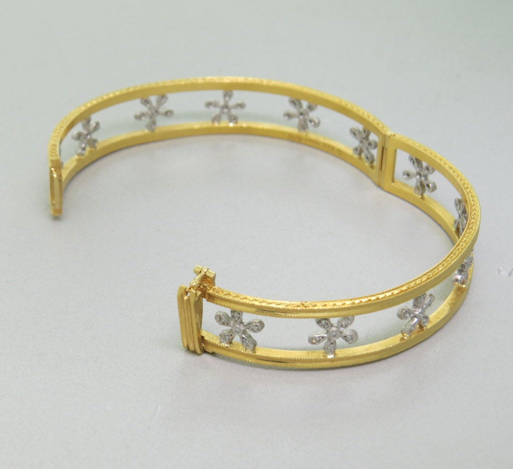 Cathy Waterman 22k yellow gold and platinum bangle bracelet with diamond flowers from Daisy collection. Bracelet will fit approx. 7