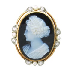 Antique Hardstone Cameo Pearl Diamond Gold Brooch Pin