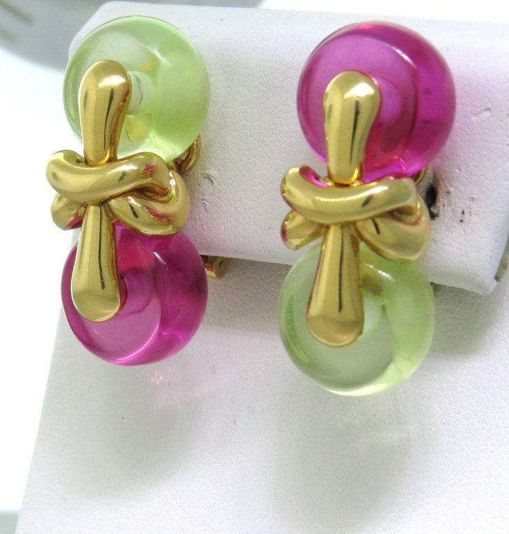 Marina B 18k yellow gold earrings with light green and pink stones from Nodo collection. Earrings are 33mm x 14mm. Marked - 2234,750,MB. weight - 42.0g