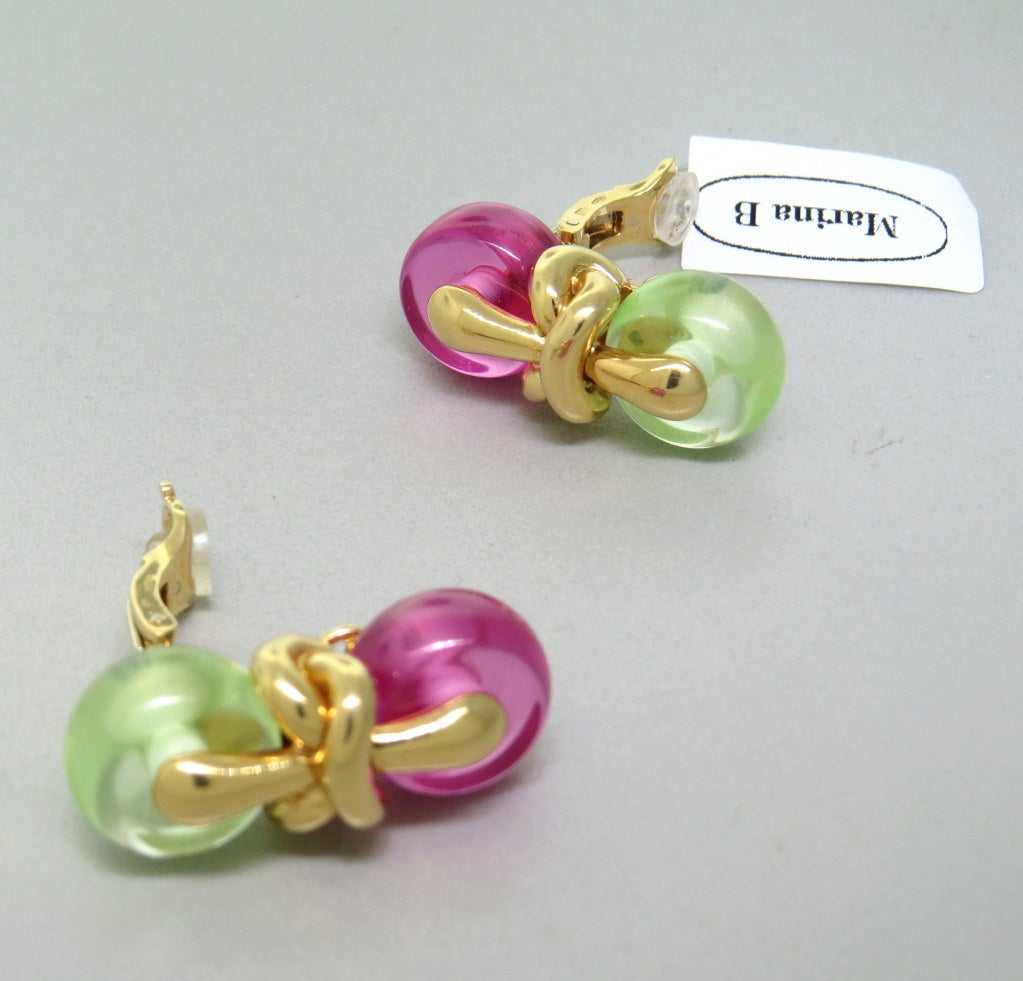 1990s Marina B Nodo Gold Pink Green Stone Earrings In Excellent Condition In Lambertville, NJ