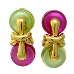 1990s Marina B Nodo Gold Pink Green Stone Earrings