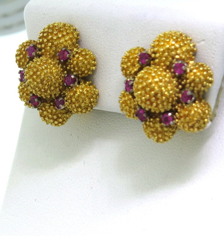 Circa 1960s 18k textured gold flower earrings with rubies. Earrings are 21mm x 20mm. weight - 25.3g