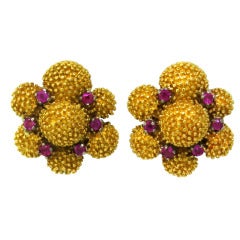 1960s Gold Ruby Flower Earrings