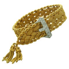 Mid-Century Gold Woven Diamond Belt Buckle Tassel Bracelet