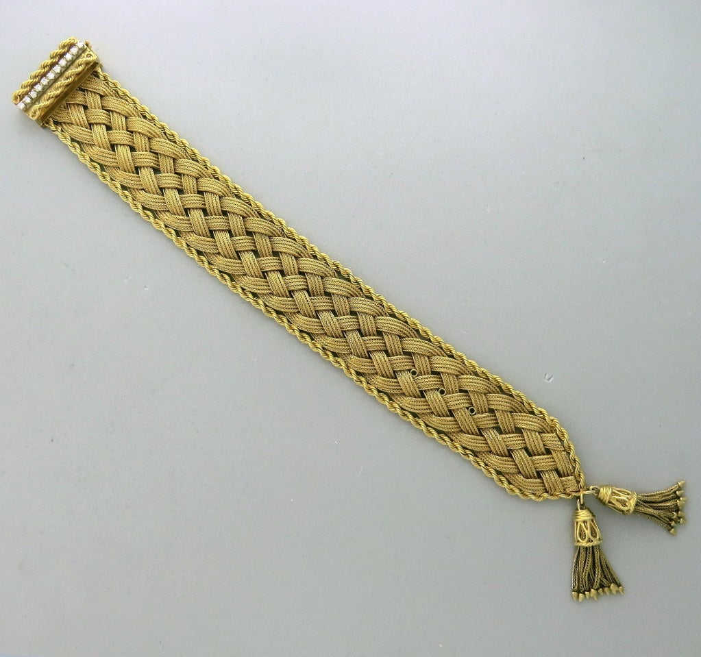 Mid Century Gold Wide Woven Diamond Buckle Tassel Bracelet In Excellent Condition In Lambertville, NJ