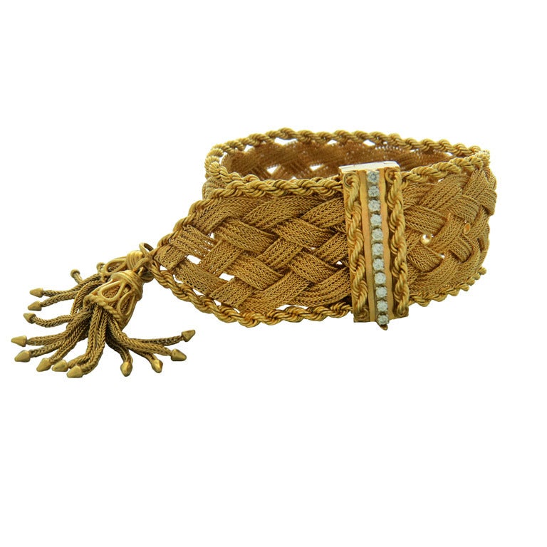Mid Century Gold Wide Woven Diamond Buckle Tassel Bracelet