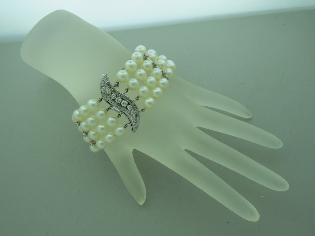 1950s Gold Diamond Pearl Three Strand Bracelet In Excellent Condition In Lambertville, NJ