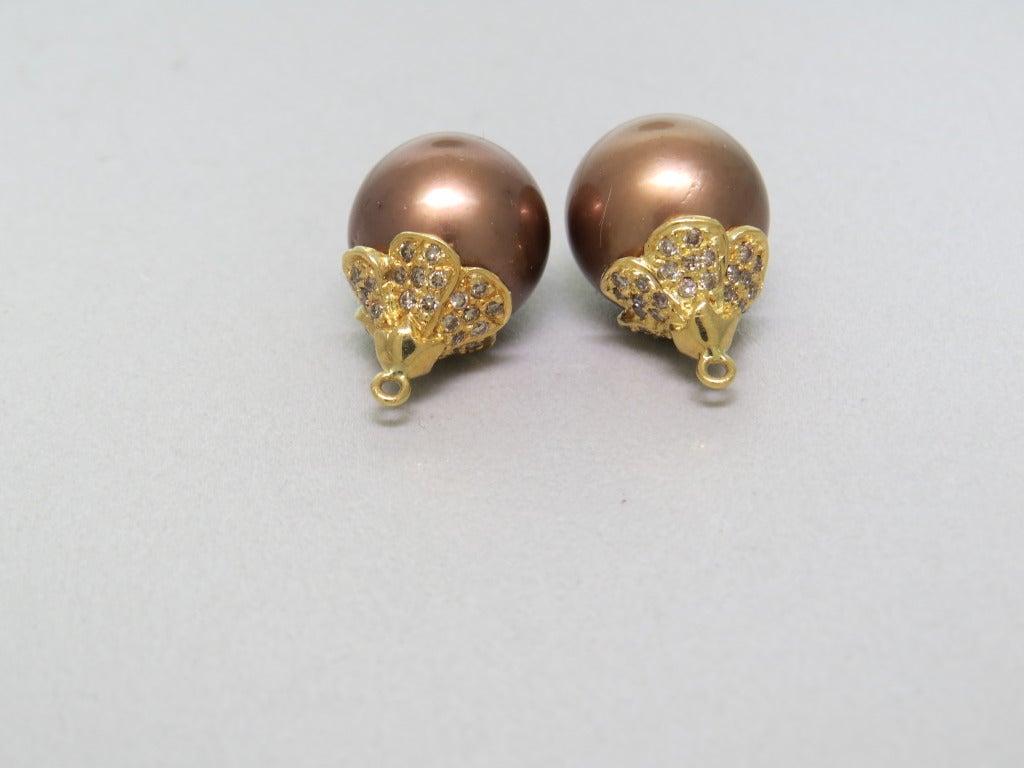 Modern Chocolate South Sea Pearl Diamond Gold Earring Jackets In Excellent Condition In Lambertville, NJ