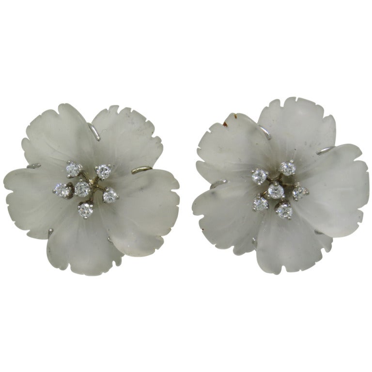 Frosted Crystal Diamond Gold Flower Earrings 1950s