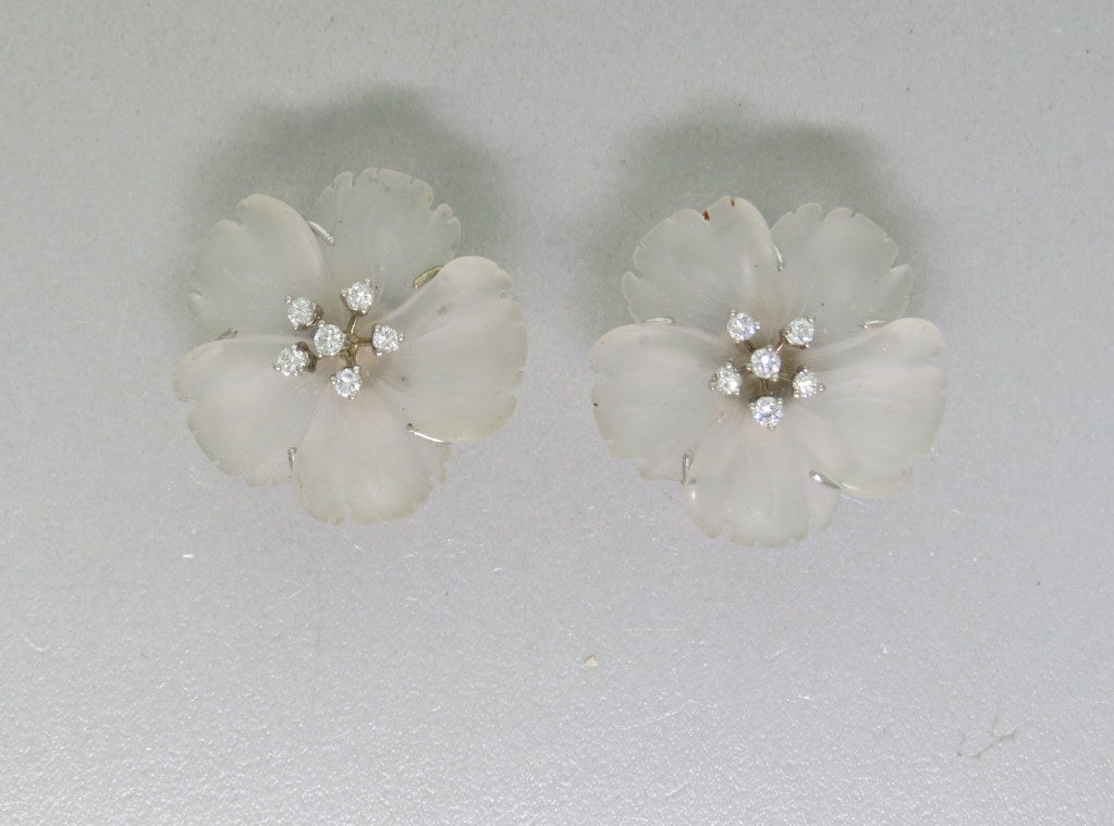1950s Austrian 14k white gold flower earrings with carved frosted crystal and approx. 0.40ctw VS1/VS2 GH diamonds. earrings are 25mm x 25mm. weight - 14g