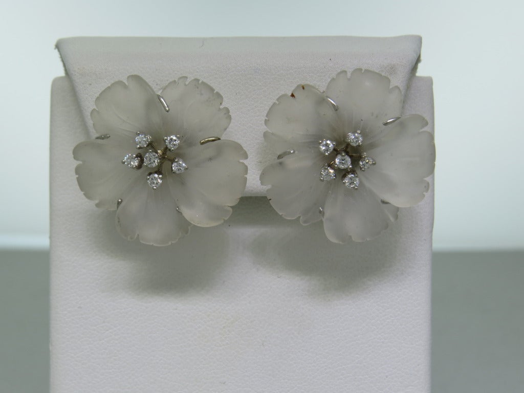 Women's Frosted Crystal Diamond Gold Flower Earrings 1950s