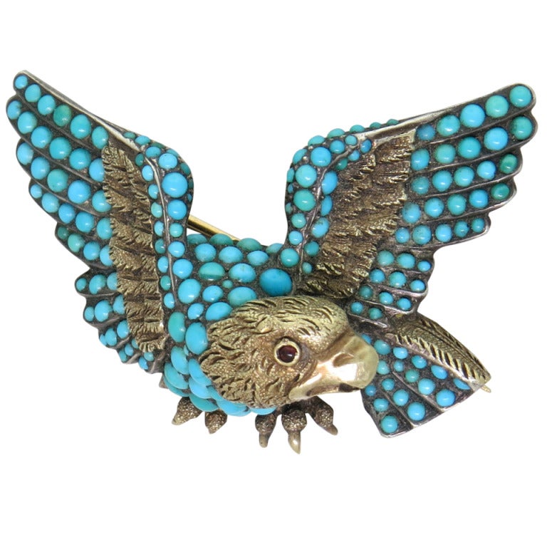 Antique Turquoise Silver Gold Eagle Brooch