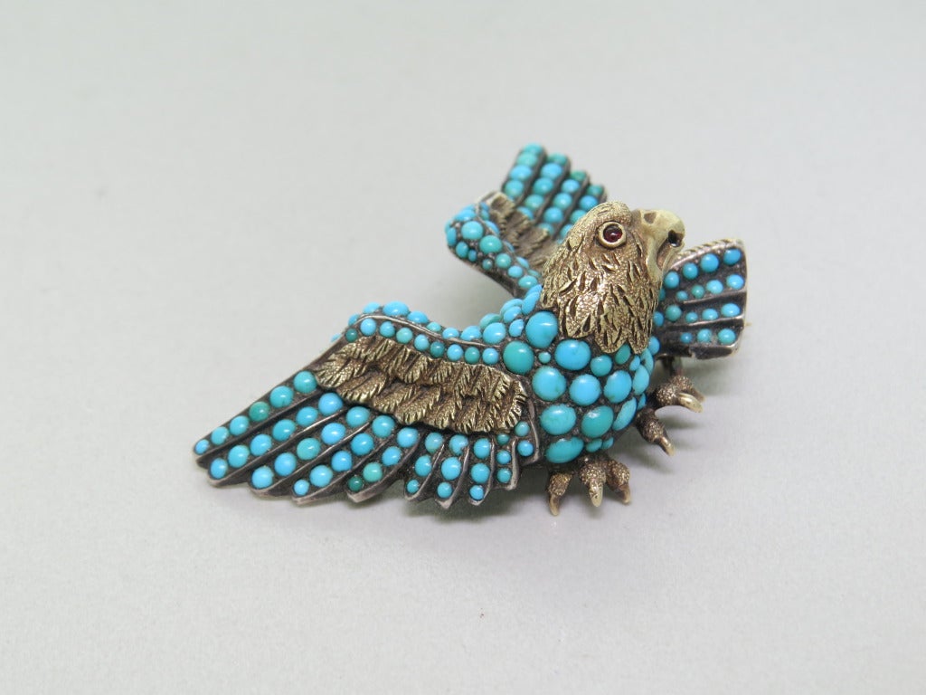 Victorian Antique Turquoise Silver Gold Eagle Brooch