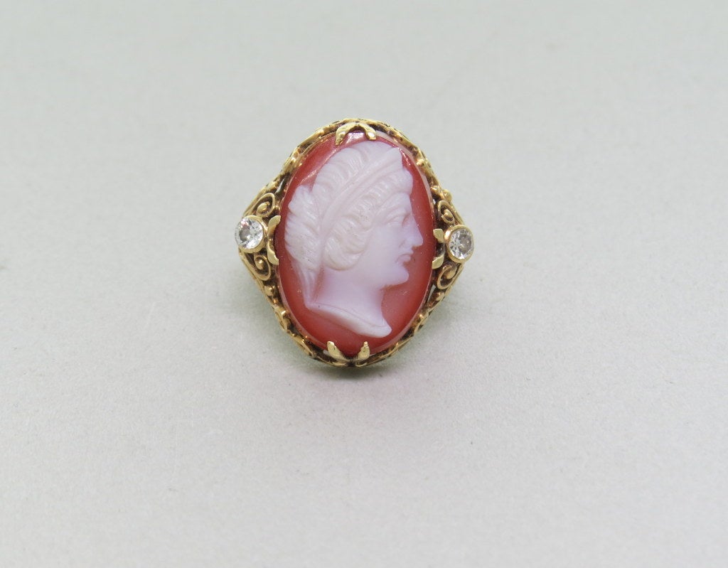 Antique 14k gold ring with two old European cut diamonds, approx. 0.10 - 0.14ctw, and hardstone cameo. Ring size - 4, ring top is 20mm x 19mm. weight - 4.9g