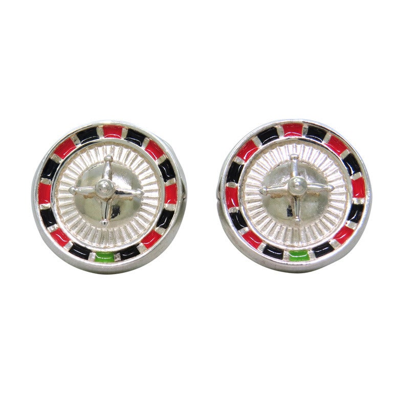 Deakin & Francis Sterling SIlver Enamel Casino Roulette Wheel Cufflinks For Sale