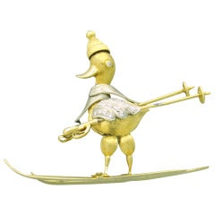Diamond Gold Skiing Duck Brooch