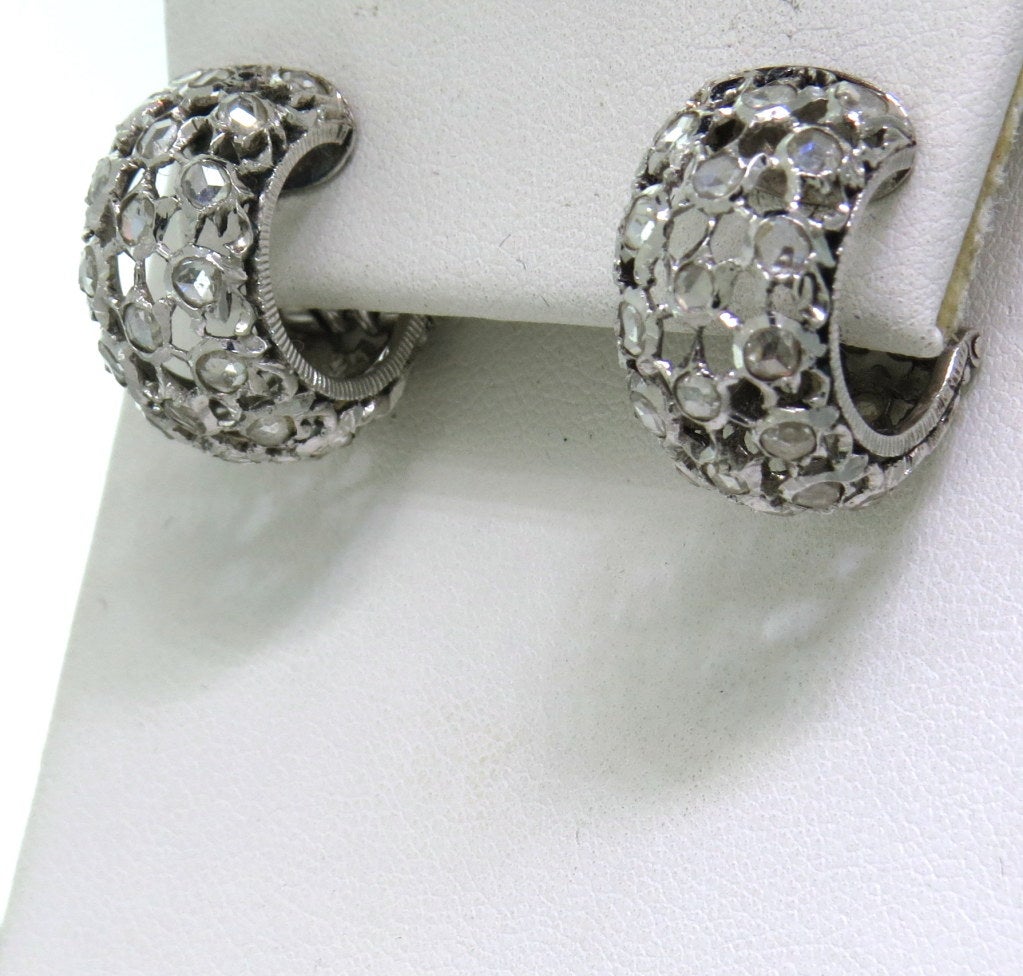 Buccellati 18K white gold hoop earrings featuring rose cut diamonds. Earrings measure 20mm in diameter and are 12mm wide. Marked: Buccellati, 750, Italy. Weight - 9.6g