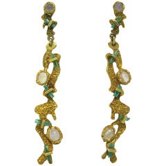 1970s Gold Emerald Moonstone Long Drop Earrings