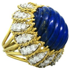 Massive Carved Lapis Diamond Gold Cocktail Ring 1960s