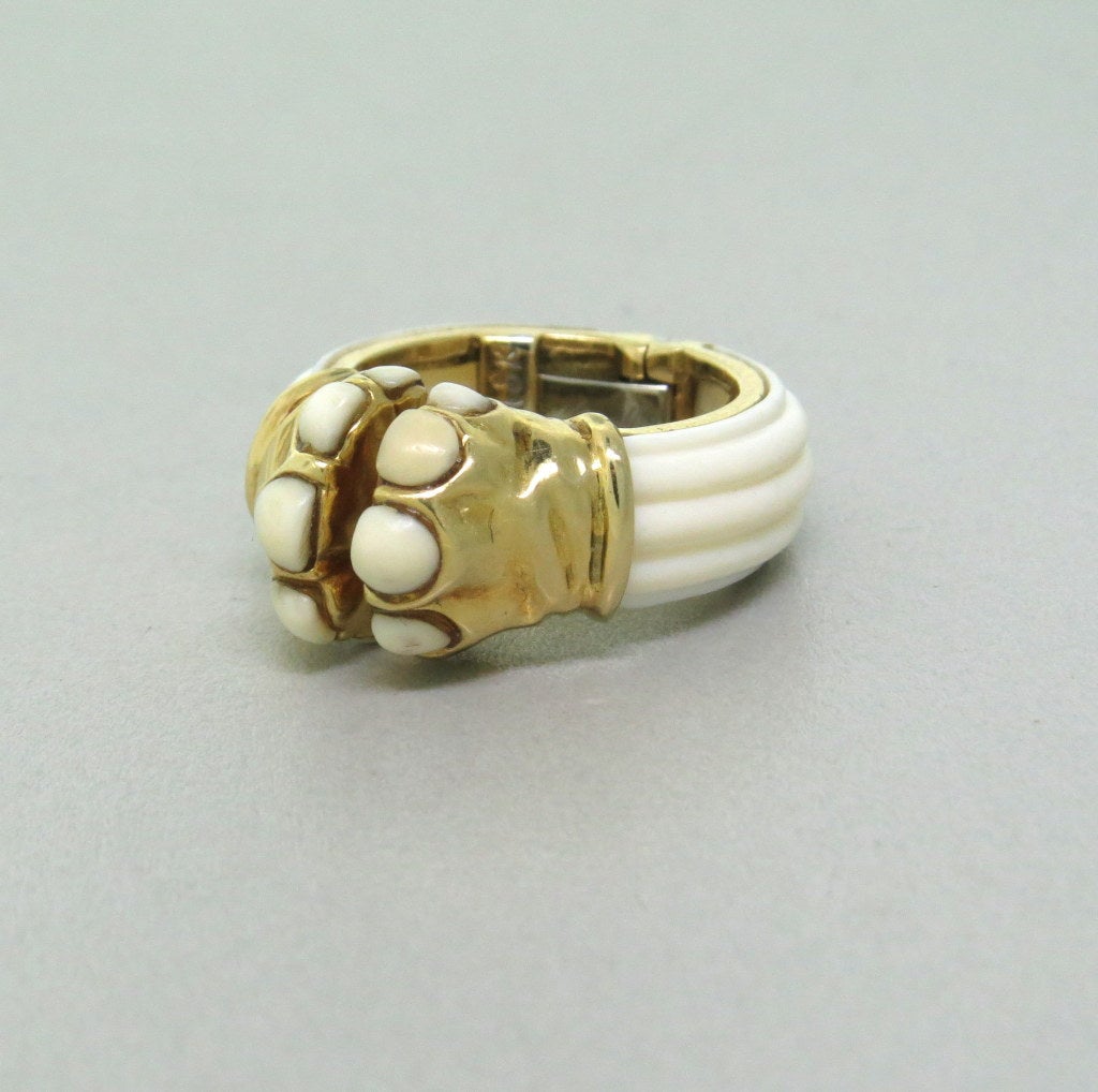 Donald Claflin Tiffany & Co. 18K Gold and  white coral . Ring size 6 1/2 and is 12mm at widest point. Marked - Tiffany, 18K, Makers Hallmark. Weight - 9.9g