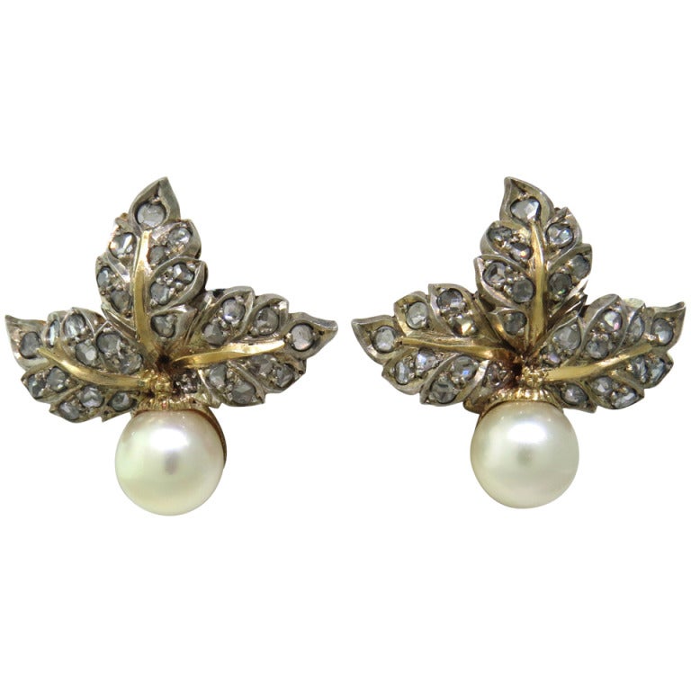 Buccellati Pearl Diamond Gold Leaf Earrings