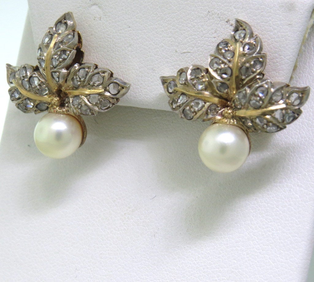 Buccellati 18K  gold earrings featuring rose cut diamonds and pearls. Pearls - 8mm in diameter. Earrings are 25mm x 28mm. Marked - Buccellati, Italy, 18K. Weight - 14.8g