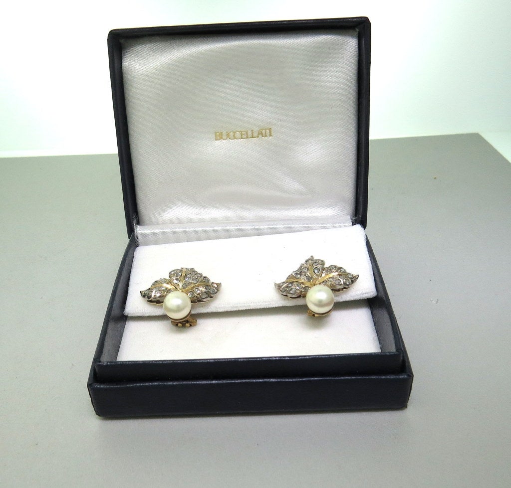 Women's Buccellati Pearl Diamond Gold Leaf Earrings