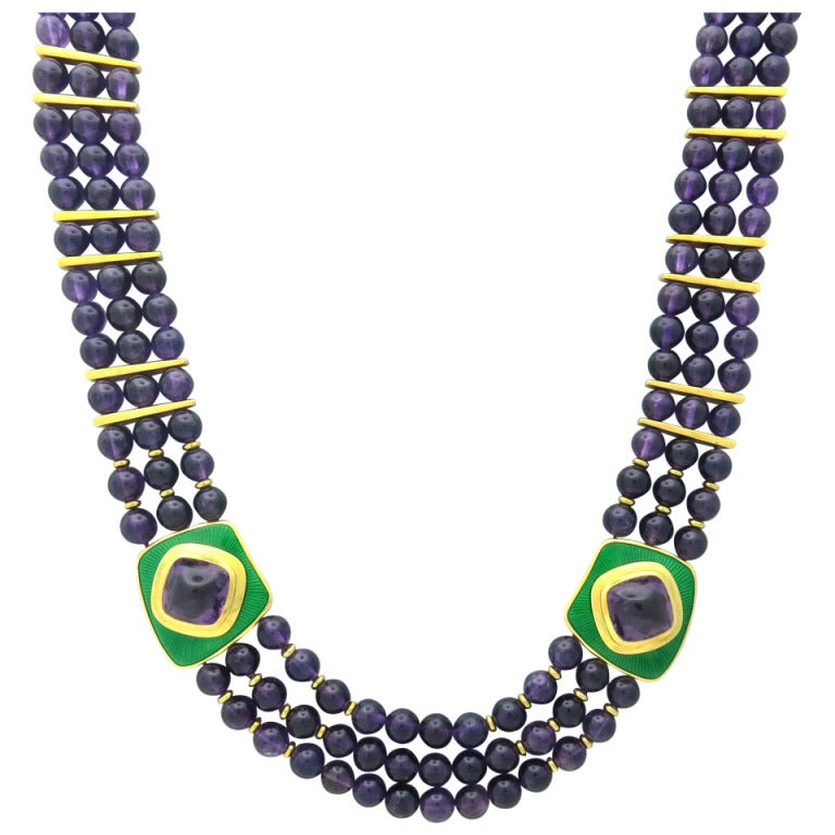 Leo De Vroomen London Enamel Amethyst Gold Necklace