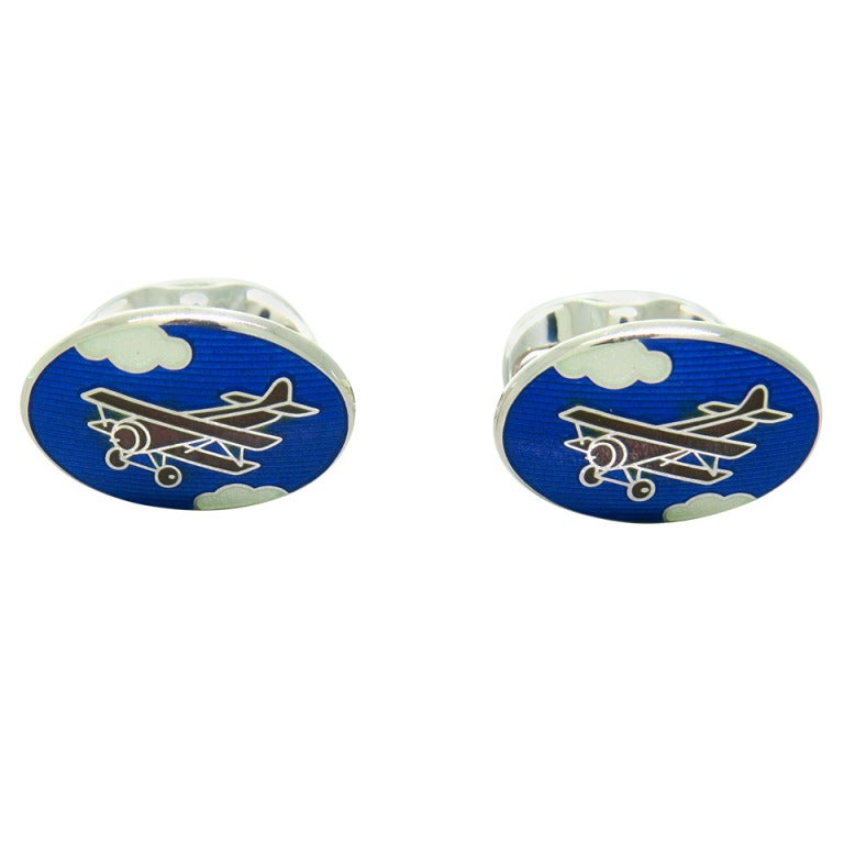 Deakin & Francis Sterling Silver Enamel Biplane Oval Cufflinks For Sale