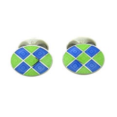 Deakin & Francis Blue Green Enamel Sterling Silver Oval Cufflinks 4