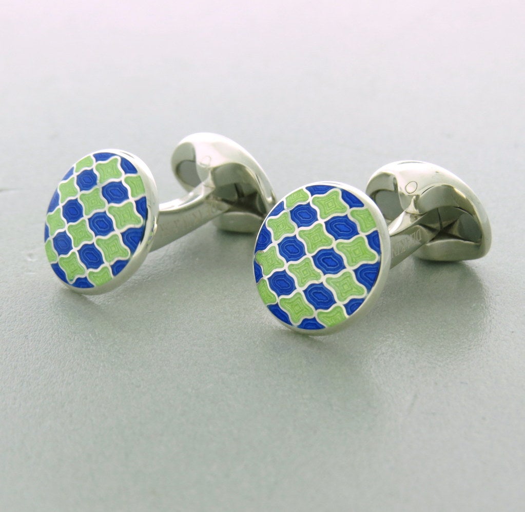 Brand new sterling silver Deakin & Francis cufflinks,decorated with royal blue and lime green enamel. Cufflink to is 18mm in diameter. Marked D&F,925,Deakin & Francis. weight - 15.7g Come with box and papers.