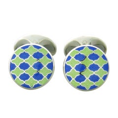 Deakin & Francis Blue Green Enamel Sterling Silver Round Cufflinks