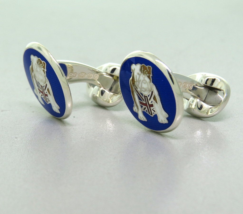 Brand new Deakin & Francis sterling silver round cufflinks with enamel bulldog. Cufflink top is 18mm in diameter. Marked Deakin & Francis,925,D & F. Come with box and papers. weight - 18.5g