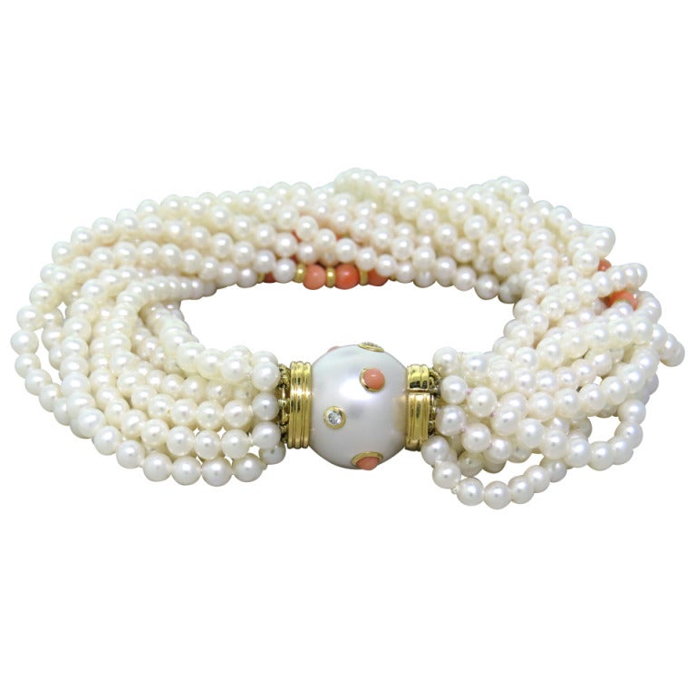 Trianon Coral Pearl Diamond Gold Multi Strand Bracelet