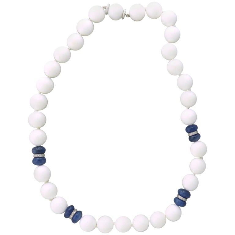 Seaman Schepps Sapphire White Agate Bead Diamond Gold Necklace at 1stdibs