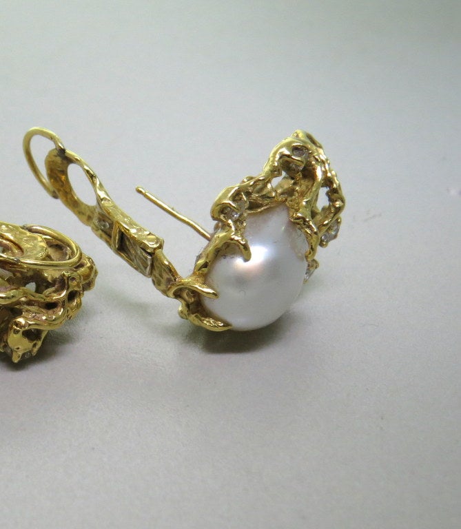 Arthur King South Sea Baroque Pearl Diamond Gold Earrings at 1stdibs