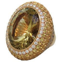 Large Citrine Yellow Sapphire Diamond Gold Cocktail Ring