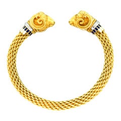 White Blue Enamel Diamond Gold Ram's Head Cuff Bracelet