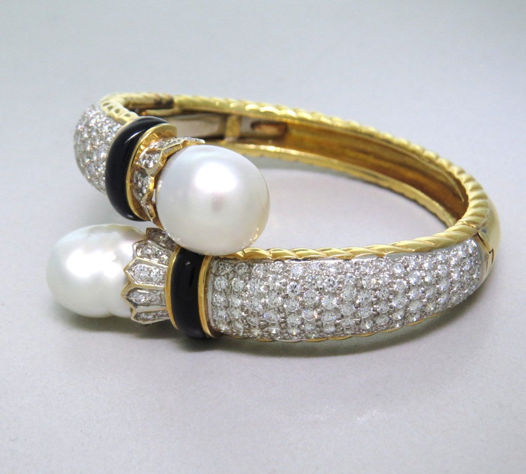 Impressive Trio Enamel Pearl Diamond Gold Bangle Bracelet