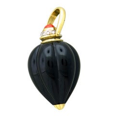 Carved Onyx Coral Diamond Gold Pendant Perfume Bottle