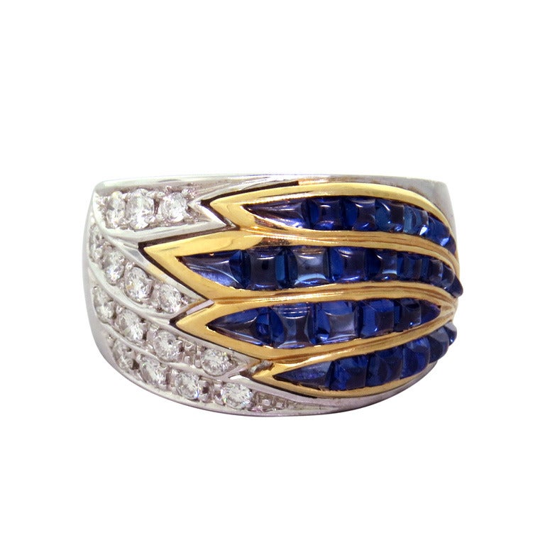 Gold Diamond Sugarloaf Cut Sapphire Ring