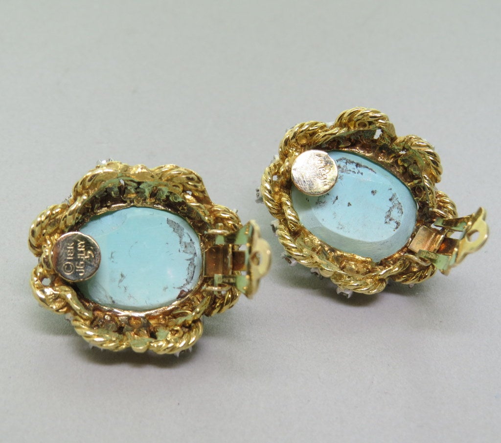 1960s Gold Diamond Turquoise Earrings In Excellent Condition In Lambertville, NJ