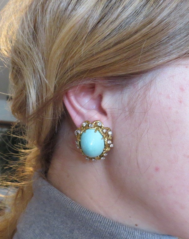 1960s Gold Diamond Turquoise Earrings 1