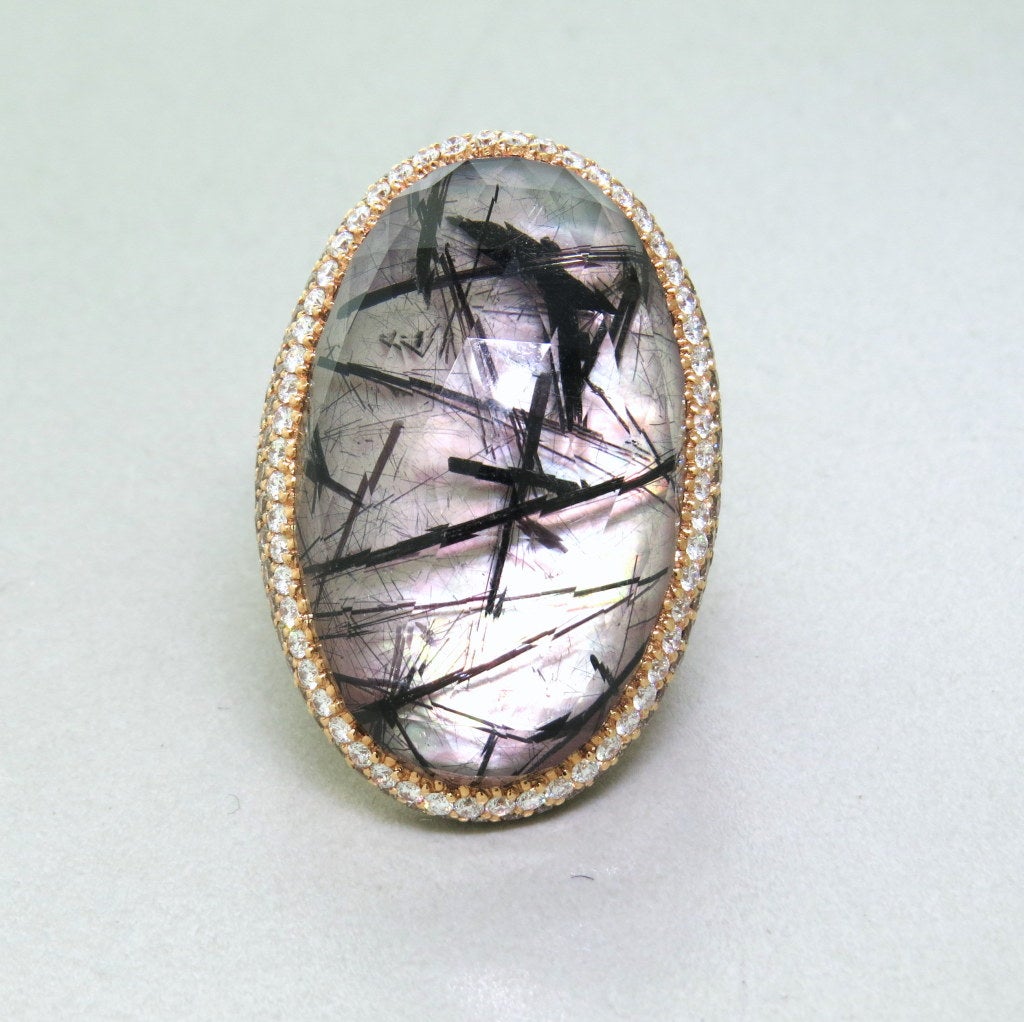 Large Gold Diamond Rutilated Quartz Mother of Pearl Ring