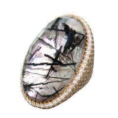 Large Gold Diamond Rutilated Quartz Mother of Pearl Ring
