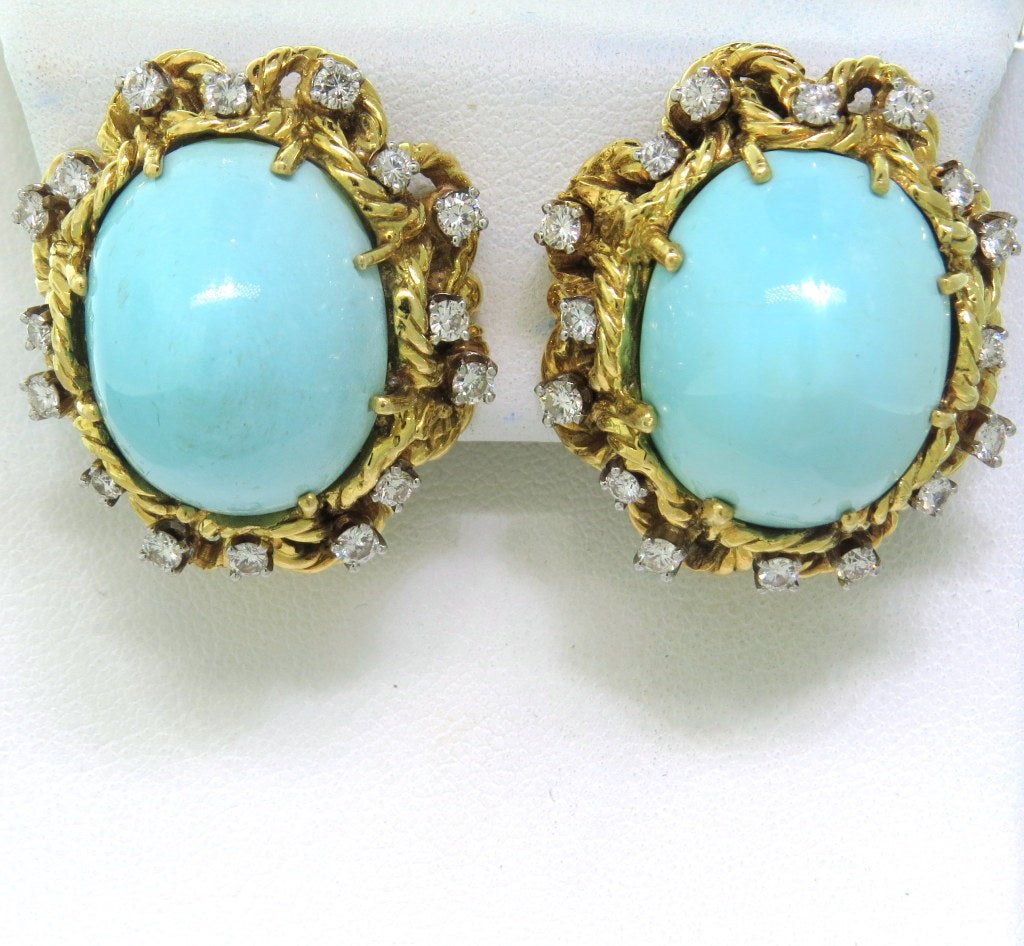 1960s Gold Diamond Turquoise Earrings 2